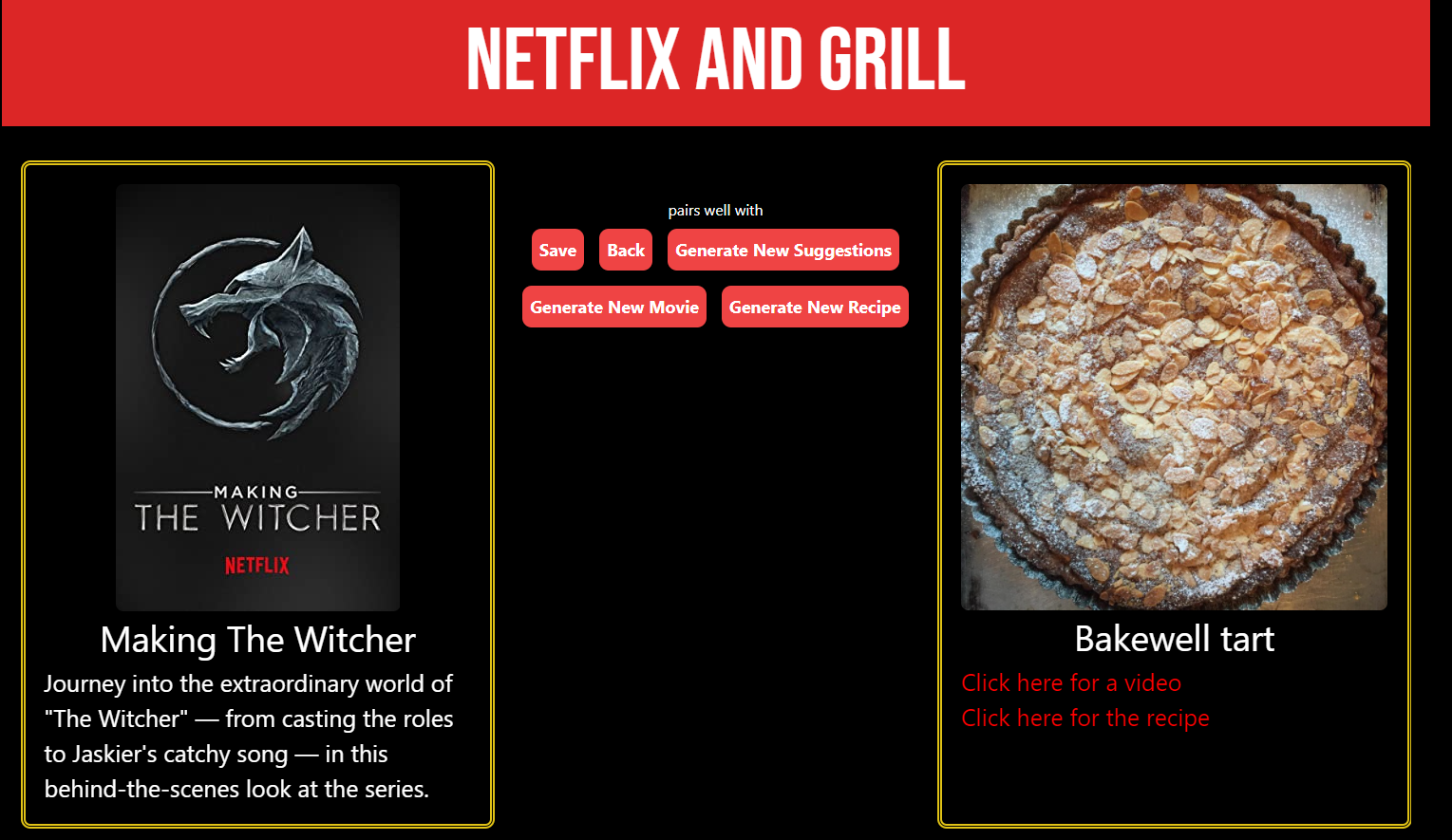 in app picture displaying a movie and a recipe