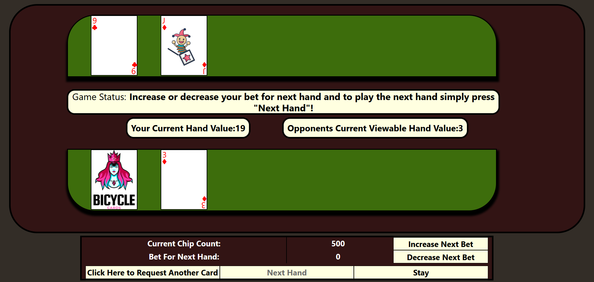 Screenshot of digital game of blackjack